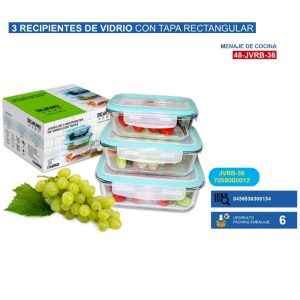 3 Recipientes De Vidrio Con Tapa Rectangular