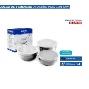 Juegos de 3 cuencos inox c/tapa plastica